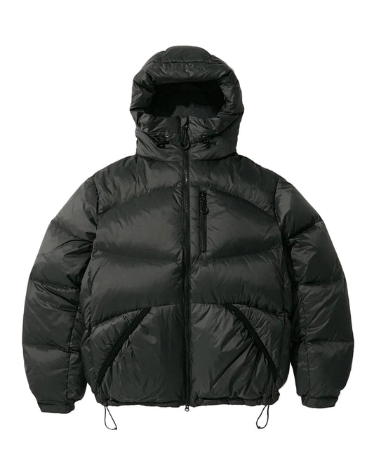 Black puffer jacket with a hood on a white background