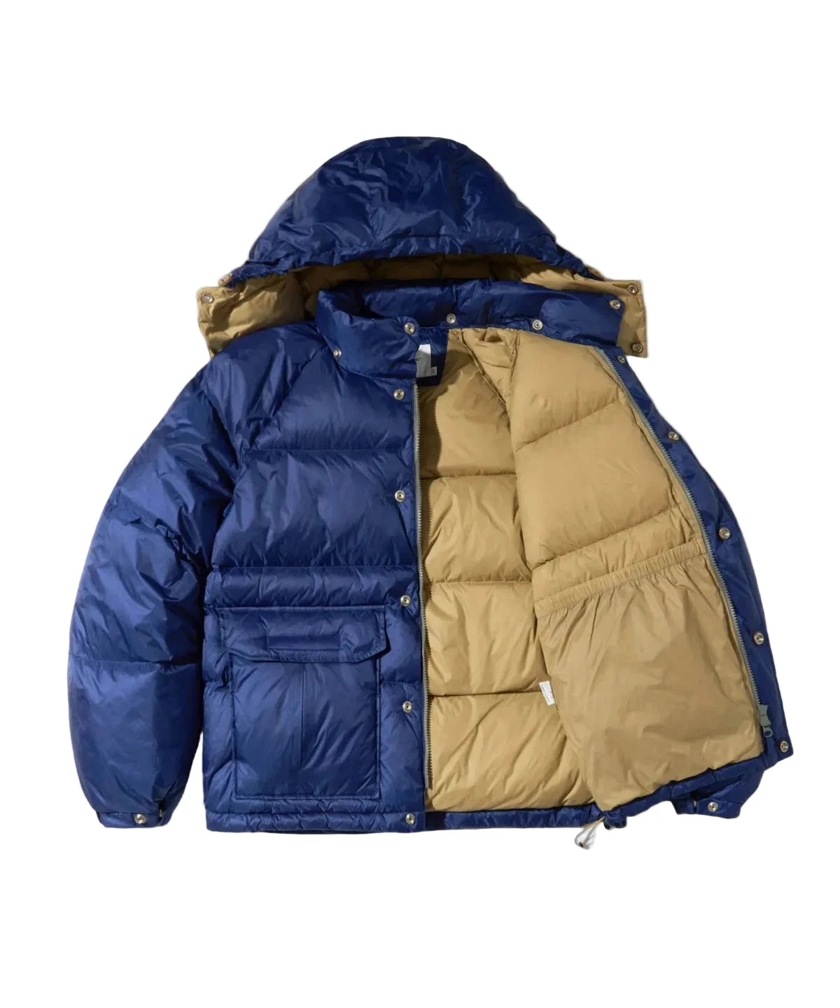 Blue and beige puffer jacket on a white background