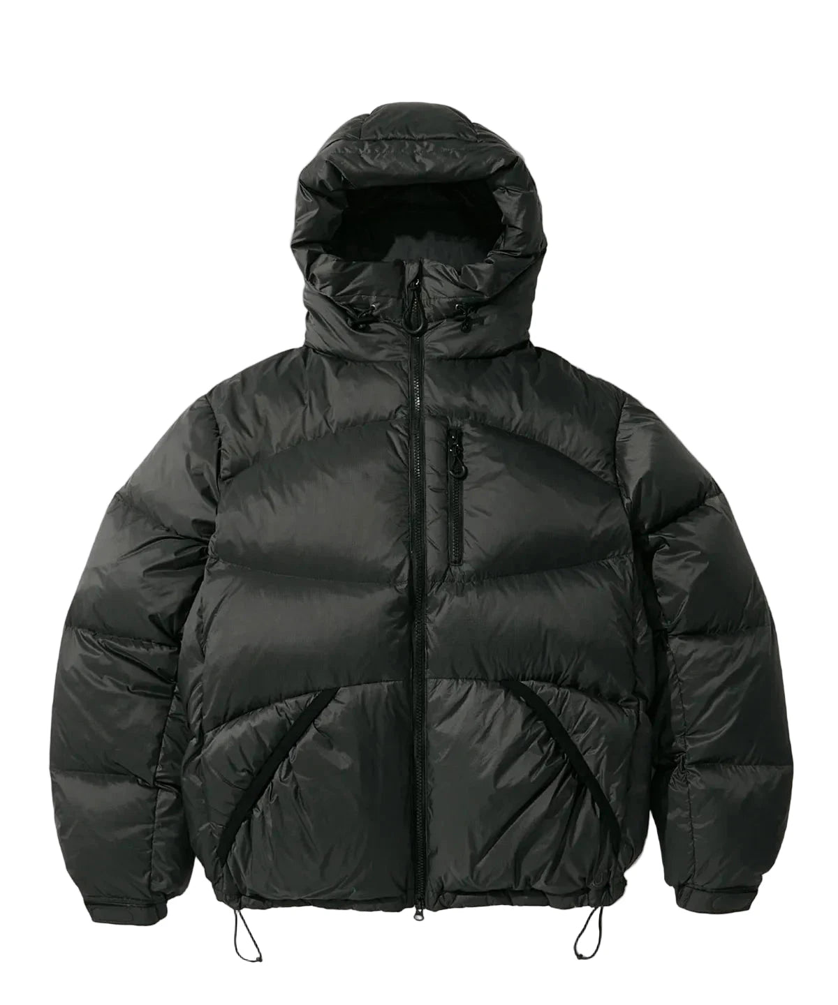 Black puffer jacket with a hood on a white background